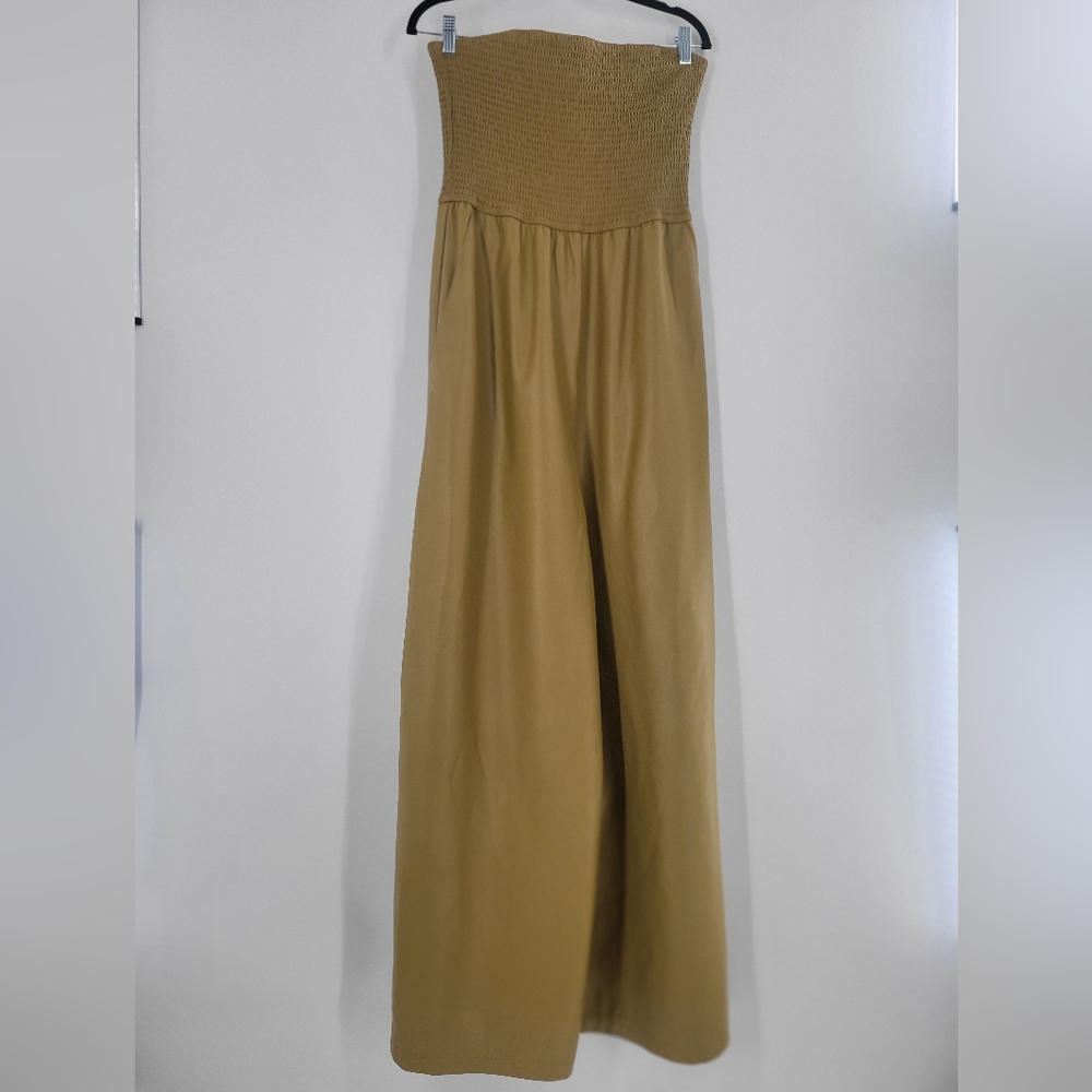 Pilcro‎ Anthropologie M Faux Leather Smocked Wide-Leg Jumpsuit in Khaki - Picture 2 of 5